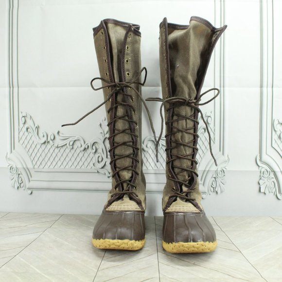 LL Bean Green Canvas Waxed Coated Waterproof Tall Duck Boots Size 6 Medium - Picture 4 of 9